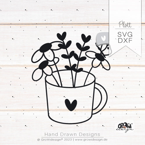Plotterdatei "Blumentasse" von Growi Design - Eine wunderschöne Tasse voll Blumen für dich! Perfekt für einen lieben Frühlingsgruß, für Kartenbastelei und allerlei andere Sachen. Die Plotterdatei ist optimal vorbereitet, so dass es für dich besonders leicht ist und du direkt loslegen kannst. SVG optimiert für Cricut, Brother, Silhouette mit und ohne Ameise plottbar, SVG coloriert & gruppiert, Dateiformate SVG, DXF in einem ZIP Ordner.  Plottdesign - Blumen/Blüten/Becher - Glückpunkt