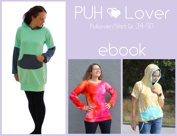 Mit diesem vielseitigen Ebook dem "PUH-Lover" von ManjiPuh erhältst du ein Schnittmuster für einen Pullover oder Shirt in zwei Längen.   Zum Nähen stehen dir verschiedene Möglichkeiten zur Wahl, so kannst du den Pullover mit einer Bauchtasche versehen, zwischen zwei Ärmel- und Kapuzenvarianten wählen.   Selbstverständlich ist es auch möglich diesen Pulli ohne Kapuze zu nähen. - Nähen für Damen/Frauen - Hoodie - Pullover - Schnitt - überschnittene Ärmel - Glückpunkt.