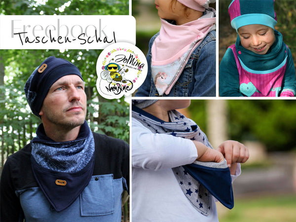 Freebook "Taschen-Schal" von Jo Mina und NaehBine. Anleitung, sowie Schnittmuster. Der Taschen-Schal/Halstuch/Tuch lässt sich sehr schnell und einfach nähen, verschlossen wird er mit vier Druckknöpfen. Das Highlight ist auf jeden Fall die kleine Tasche.   Alternativ kannst Du die Tasche auch als Teilung auf Deinen Schal bringen,  so lassen sich kleine Stoffreste super verwerten - Nähen für Babys/Kinder - Erwachsene - Damen/Herren - Glückpunkt.