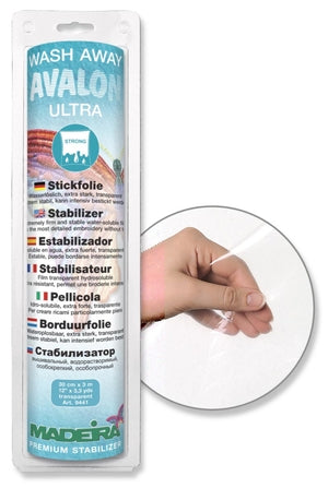 Stickvlies "Avalon Ultra" der Marke Madeira.  Madeira Avalon Fix ist eine wasserlösliche, transparente Stickfolie.   Avalon ultra ist ein extrem starkes und transparentes wasserlösliches Stickvlies, es kann daher extrem bestickt werden ohne zu reißen. Geeignet für alle kreativen Techniken beim Freihand- und Maschinen-Sticken, sowie bei der textilen Oberflächengestaltung. Maschnensticken - Stickmaschine - Glückpunkt