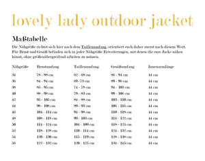 eBook "lovely ladyOutdoor jacket" von LovelySewDesign - lovely lady outdoor jacket ist eine für das komplette Jahr geeignete Jacke für Damen. Sie kann als Jacke, Mantel,Weste oder Collegejacke und passend zur Jahreszeit aus unterschiedlichen Stoffen genäht werden. Das Schnittmuster der Jacke ist in 12 Einzelgrößen erhältlich: 34, 36, 38, 40, 42, 44, 46, 48, 50, 52, 54 und 56 - Nähen - Damen/Frauen - Glückpunkt