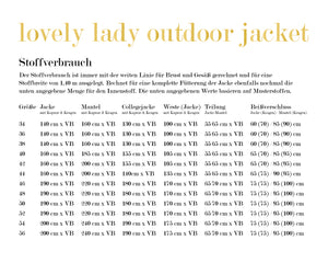 eBook "lovely ladyOutdoor jacket" von LovelySewDesign - lovely lady outdoor jacket ist eine für das komplette Jahr geeignete Jacke für Damen. Sie kann als Jacke, Mantel,Weste oder Collegejacke und passend zur Jahreszeit aus unterschiedlichen Stoffen genäht werden. Das Schnittmuster der Jacke ist in 12 Einzelgrößen erhältlich: 34, 36, 38, 40, 42, 44, 46, 48, 50, 52, 54 und 56 - Nähen - Damen/Frauen - Glückpunkt