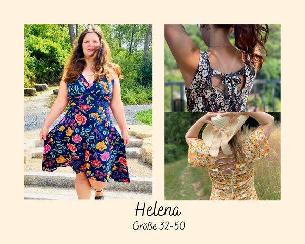 Das Schnittmuster für das "Kleid Helena" Ist ein Schnitt für Damen mit den Größen 32 bis 50. Bzw dem Brustumfang 83-130, Taillenumfang 60-115.  Es gibt 2 Rockvarianten (symmetrisch und A-symmetrisch und 5 Ärmelvarianten (Ärmellos, lange Ärmel, kurze Ärmel, Tulpenärmel, Flatterärmel, schulterfreie Ärmel), die man nähen kann. Dazu kannst du wählen, ob du dein Oberteil gerne doppellagig oder einlagig mit Einfassstreifen nähen möchtest. Nähen für Damen - Glückpunkt