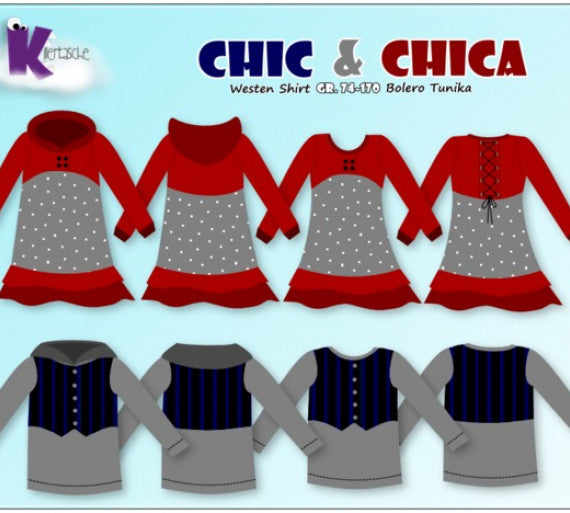 Zu nähen ist der Schnitt als Mädchenvariante:  Bolero Tunika „Chica“  -mit Rockbahnen  -mit Kapuze oder Halsbündchen  -mit Schnürung oder ohne Schnürung Oder aber als Jungsvariante: Westen Shirt „Chic“  -mit gesäumten Abschlüssen  -mit Kragen oder Halsbündchen Die Weste oder der Bolero ist am Shirt integriert/festgenäht, es ist somit nur ein Einteiler, kein Zweiteiler! Der Schnitt ist auf schmal bis normal gebaute Kinder/Jugendliche ausgelegt. 