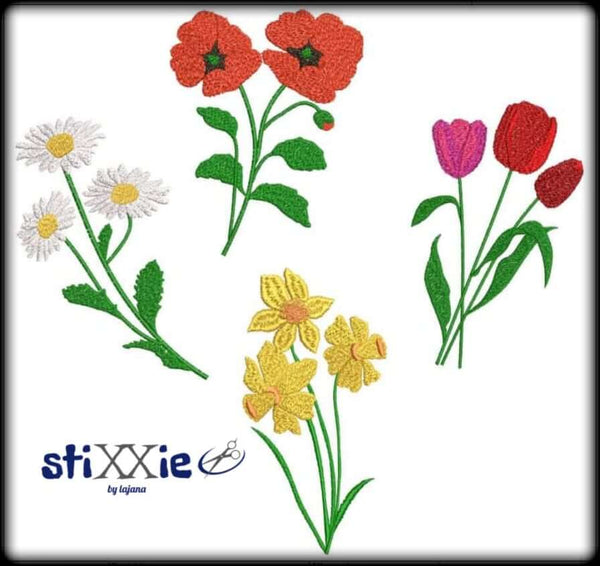Stickdatei - "Frühlingsblumen 13x18" - 4-tlg. -  Stixxie