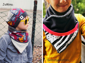 Freebook "Taschen-Schal" von Jo Mina und NaehBine. Anleitung, sowie Schnittmuster. Der Taschen-Schal/Halstuch/Tuch lässt sich sehr schnell und einfach nähen, verschlossen wird er mit vier Druckknöpfen. Das Highlight ist auf jeden Fall die kleine Tasche.   Alternativ kannst Du die Tasche auch als Teilung auf Deinen Schal bringen,  so lassen sich kleine Stoffreste super verwerten - Nähen für Babys/Kinder - Erwachsene - Damen/Herren - Glückpunkt.