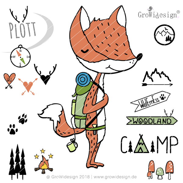Plotterdatei - "Campen Wildnis 1" - Megapack - Ein cooles Set für kleine Wildnisfans, Pfadfinder und Entdecker! Fuchs, Pfoten, Tannen, Wildnis, Bäume - GroWidesign - Glückpunkt.