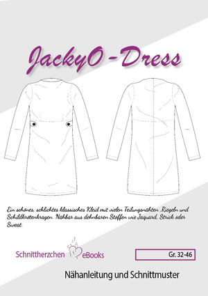 Das JackyO-dress von Schnittherzchen ist ein sehr klassisches Kleid. Es ist ein körpernahes Kleid, das für dehnbare Stoffe ausgelegt ist. Die besonderen Merkmale sind der Schildkrötenkragen, die vielen Teilungsnähte und die kleinen Riegel unter der Unterbrustnaht. Durch die vielen Nähte kann man es ganz individuell auf Figur schneidern. Es ist vom Stil her elegant, kann aber durchaus sportlich mit Turnschuhen & Boots getragen werden. Nähen für Damen/Frauen - Jackie-o/JackieO-Kleid - Glückpunkt