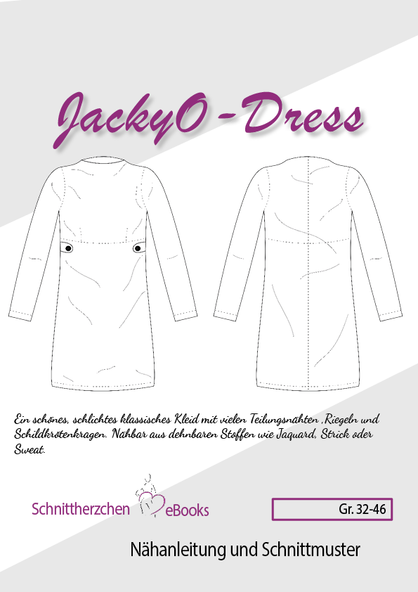 Das JackyO-dress von Schnittherzchen ist ein sehr klassisches Kleid. Es ist ein körpernahes Kleid, das für dehnbare Stoffe ausgelegt ist. Die besonderen Merkmale sind der Schildkrötenkragen, die vielen Teilungsnähte und die kleinen Riegel unter der Unterbrustnaht. Durch die vielen Nähte kann man es ganz individuell auf Figur schneidern. Es ist vom Stil her elegant, kann aber durchaus sportlich mit Turnschuhen & Boots getragen werden. Nähen für Damen/Frauen - Jackie-o/JackieO-Kleid - Glückpunkt