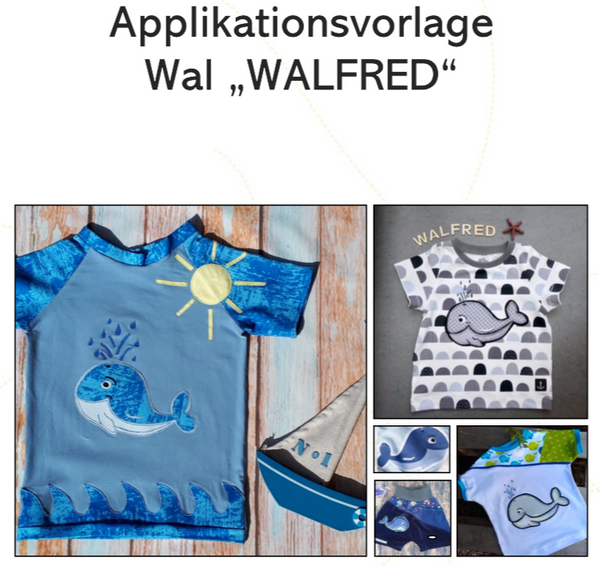 Bei diesem Angebot handelt es sich um die Applikationsvorlage "Walfred Wal" von Miss Granny. Perfekt für alle Meeres-Fans. Applikation mit eBook. Schwierigkeit: leicht Dateiformat: pdf - Applizieren/Nähen für Kinder - Sommer - Meer - Meerestiere - Glückpunkt.