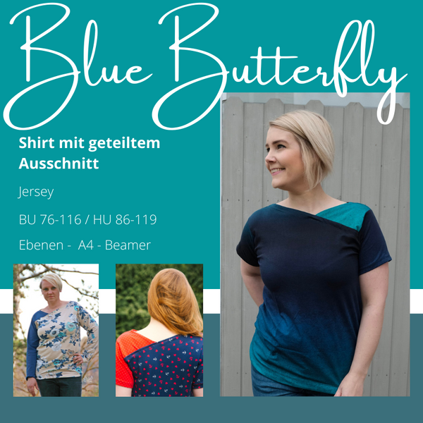 eBook - "BlueButterfly" - Shirt mit geteiltem Ausschnitt - Fadenblau