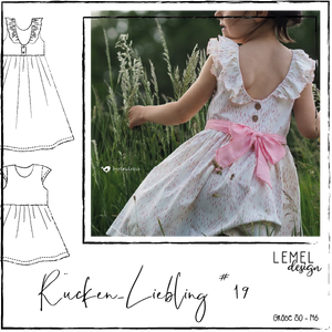 Der Rücken-Liebling #19 ist ein Schnittmuster für ein sommerliches Kleid in verschiedenen Varianten für die Größen 80 - 146.  Konzipiert ist das Schnittmuster für Webware wie Popeline, Leinen, ect.  Gewählt werden kann zwischen 2 verschiedenen Rückenvarianten, einem hohen Rückenausschnitt oder einem tiefem Ausschnitt. Nähen - Kinder - Glückpunkt.