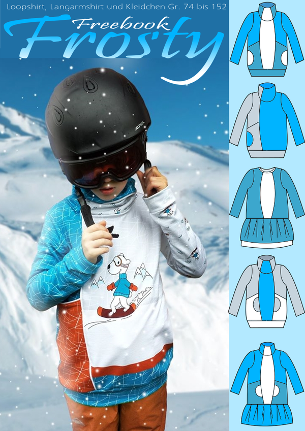 Freebook "Frosty" von Rosalieb & Wildblau ist ein locker geschnittenes, etwas länger ausfallendes Langarmshirt mit vielen Varianten. Drei mögliche Taschenoptionen (Ziertaschen, normale Eingriffstaschen und Bündchen- taschen), ein rollkragenähnlicher Loop und ein Volant, um Frosty als locker sitzends Kleidchen zu nähen. Durch seine speziellen Teilungen lässt Frosty dir viel Spielraum, immer wieder neue Oberteile zu gestalten. Basic-Schnitt - Nähen Kinder - Mädche/Jungen - Glückpunkt