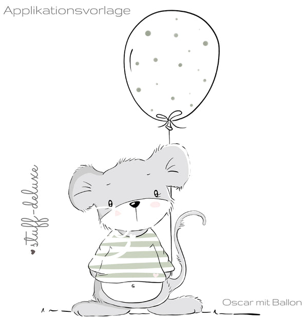 Applikationsvorlage - "Maus Oscar mit Ballon" - Appli - Applikation für Mädchen/Jungen - Stuff-Deluxe - Applizieren für Baby/Kinder - Stuffdeluxe - Mausi - Mäuschen - Luftballon - Tiere  - Frühling/Sommer - Aufnäher - Glückpunkt.