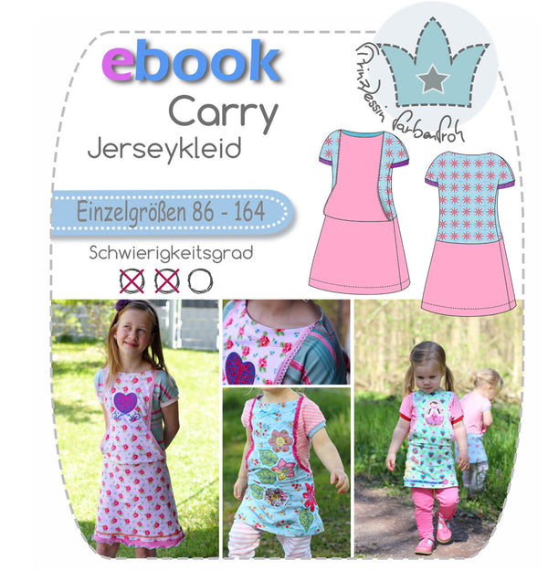 eBook - "Carry" - Kleid - Prinzessin Farbenfroh - Carry ist ein schickes, schmal geschnittenes Jerseykleid mit  eingenähter Bauchtasche. Der Schnitt fällt bequem über die Schulter, sitzt figurnah auf der Hüfte und endet A-Förmig im Rockteil.  Carry ist schnell genäht und auch für Anfänger gut geeignet. Egal ob bunt gemixt oder einfarbig elegant, Carry macht immer eine gute Figur. - Sommerkleid - Nähen - Kinder - Mädchen - Glückpunkt.