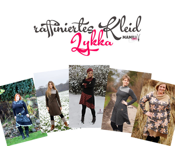 eBook - "Lykka" - Kleid - Mamili1910 - Kleid "Lykka" ist ein raffiniertes Kleid das in ganz vielen verschiedenen Versionen genäht werden kann. In den kleiner Größen betont es deine Figur und in den größeren Größen umspielt es durch deine A-Linie deine tollen weiblichen Rundungen. - Nähen für Damen/Frauen - Glückpunkt.