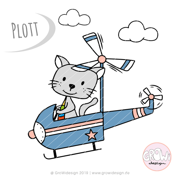 Plotterdatei "Kater Tom Pilot" Dateiformat: SVG, DXF und PNG Design: GroWidesign - Katze - Maus - Regenbogen - Flugzeug - Fliegen - Plott - Plotten für Kinder - Mädchen - Plottdatei - Plotterei - Bügelbild - Glückpunkt.