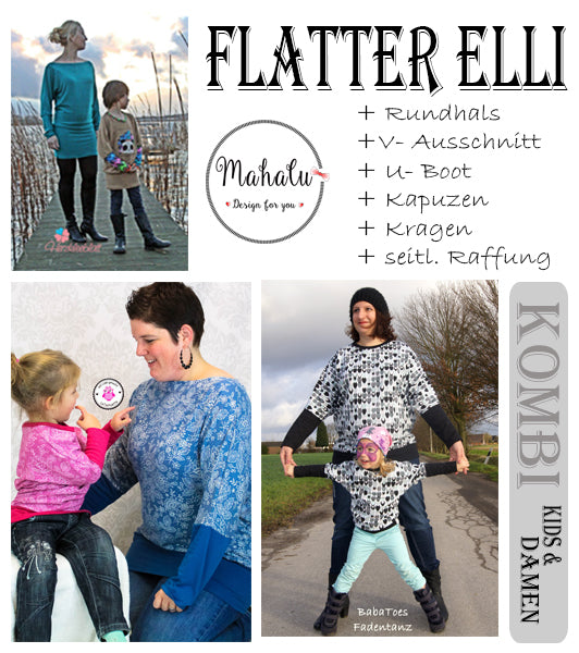 eBook - Flatter Elli - Kinder/Mädchen/Damen - Nähen - Schnittmuster - Shirt - Fledermaus-Shirt - Fledermausshirt - Longshirt - Kleid - Schnitt - Langarm - Kurzarm - Kapuze - Kragen - Raffung - Glückpunkt.