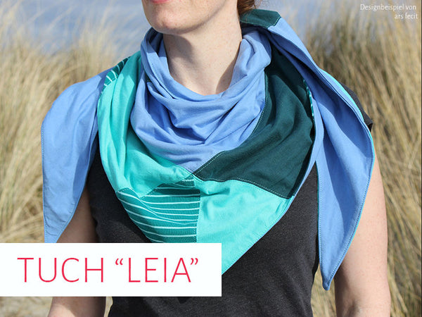 eBook - "Leia" - Tuch/Halstuch von Kreativlabor Berlin - inkl. Anleitung mit Schnittmuster  Dreieckstuch “Leia” ist ein klassisches Halstuch in Dreicksform - Jersey oder dünnem Sweat genäht wird. Die Vorderseite des Tuchs besticht durch ihre Patchwork-Optik. Dreieckstuch “Leia” peppt minimalistische Looks im Handumdrehen auf und hält deinen Hals schön warm. Aufgefaltet ist “Leia” ca. 165 cm x 60 cm (B x H) groß. Nähen für Damen/Frauen - Glückpunkt
