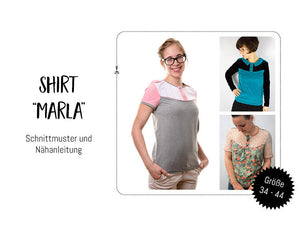 eBook - "Marla" - Shirt von Kreativlabor Berlin - inkl. Anleitung mit Schnittmuster  Shirt “Marla” - Das untere Vorderteil kann gerafft oder gerade fallen. Optional Kragen oder stylische Schulterriegel. Ärmel in zwei verschiedenen Längen mit Einfassband oder Bündchen Die Knopfleiste, sowie die Schulterriegel können entweder mit normalen Knöpfen oder mit Druckknöpfen versehen werden. Größen 34 bis 44 Nähen für Damen/Frauen Glückpunkt