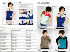 eBook - "Marla" - Shirt von Kreativlabor Berlin - inkl. Anleitung mit Schnittmuster  Shirt “Marla” - Das untere Vorderteil kann gerafft oder gerade fallen. Optional Kragen oder stylische Schulterriegel. Ärmel in zwei verschiedenen Längen mit Einfassband oder Bündchen Die Knopfleiste, sowie die Schulterriegel können entweder mit normalen Knöpfen oder mit Druckknöpfen versehen werden. Größen 34 bis 44 Nähen für Damen/Frauen Glückpunkt