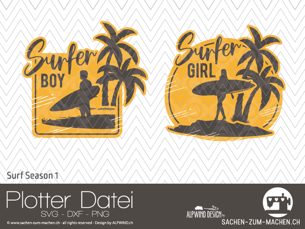 Plotterdatei "Surf Season" #1 - ALPWIND ® -  "Surfer Boy & Surfer Girl" Dateiformat: SVG, DXF und PNG - Urlaub - Hawaii - Surfen - Palmen - Surfbrett - Sprüche - Plott - Plotten für Erwachsene/Kinder - Damen/Frauen - Mädchen/Jungen - Plottdatei - Plotterei - Bügelbild - Glückpunkt.