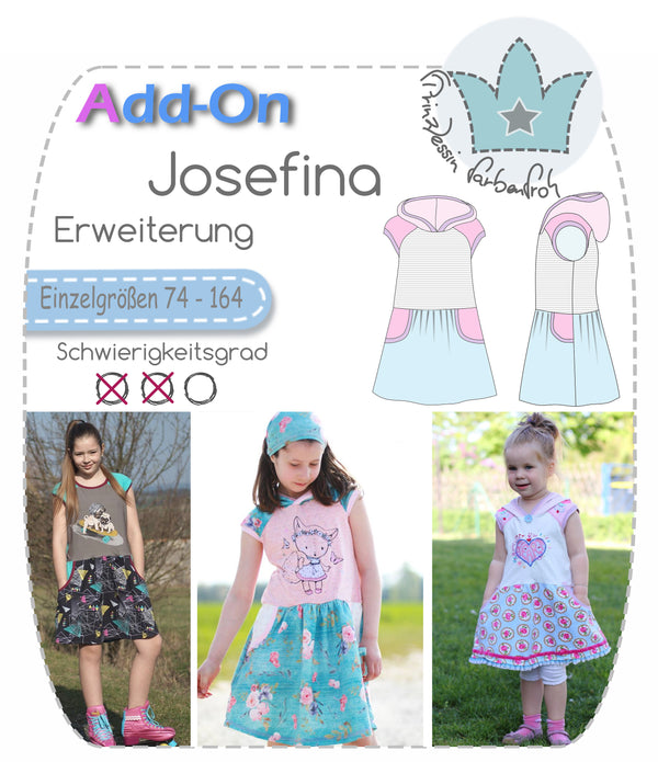 eBook - "Josefina Kids" - Kleid - Jerseykleid - Prinzessin Farbenfroh - Mit dieser Erweiterung kannst du das Herbstkleid Josefina nun auch als luftiges Sommerkleidchen nähen. Du erhältst eine Kapuze, kurze Ärmel und einen luftigen Rockteil mit neuen Taschen. Selbstverständlich kannst du auch nur einzelne Teile der Erweiterung mit dem eBook kombinieren. Um das Add-On Kleid nähen zu können brauchst du das eBook Josefina - Sommerkleid - Nähen - Kinder - Mädchen - Glückpunkt.
