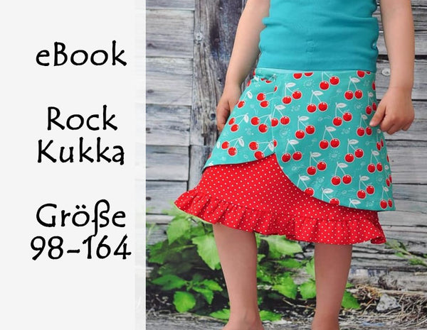 eBook "Kukka" - Rock - Bunte Nähigkeiten Kukka (finnisch: Blume) ist ein Sommer-Rock für alle Mädels in Größe 98 bis 164. Du kannst ihn in verschiedenen Varianten nähen: einfach oder mehrlagig, mit Rüsche, mit breiten oder schmalen "Klappen". Der Schnitt eignet sich hervorragend für Jersey und darf in keinem Kleiderschrank fehlen - Nähen für Babys/Kinder - Mädchen - Schnitt & Schnittmuster - Glückpunkt.