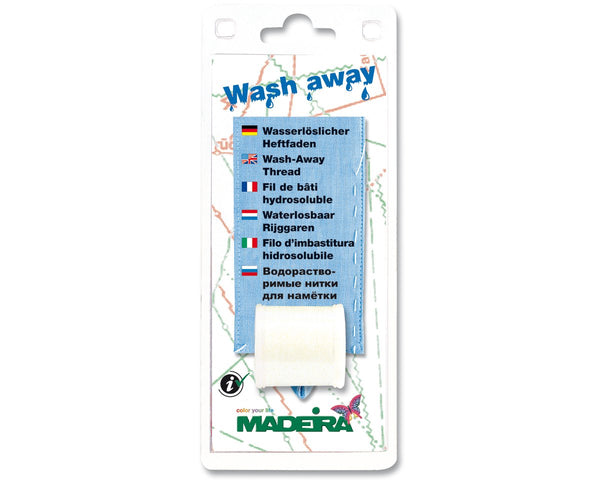 Hochwertiges, wasserlösliches Heftgarn "Wash Away" der Marke Madeira.  Mit Wash Away entfällt das Entfernen von Heftstichen, denn Wash Away wird wie ein gewöhnliches Nähgarn verarbeitet, löst sich aber beim Kontakt mit Wasser oder Wasserdampf rückstandslos auf.   Ideal für alle Nähte, die nur vorübergehend benötigt werden. Wash Away ist der bequeme und zeitsparenden Helfer beim Einsetzen von Ärmeln und beim Aufsetzen von Taschen, beim Heften von Reißverschlüssen,