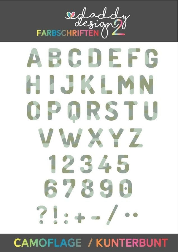 Bei diesem Angebot handelt es sich um die Plotterdatei "Alphabet Camouflage oder kunterbunt ABC 0-9 3-5 farbig" von Daddy2Design. 