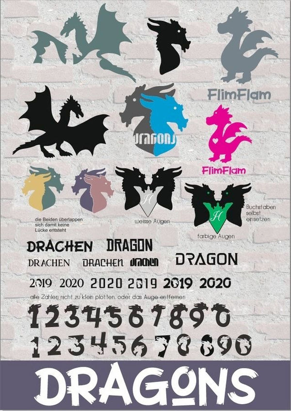 Bei diesem Angebot handelt es sich um die Plotterdatei "Drachen Dragons inkl. Drachenzahlen und FlimFlam" von Daddy2Design. 