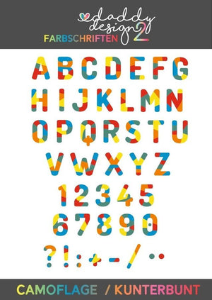 Bei diesem Angebot handelt es sich um die Plotterdatei "Alphabet Camouflage oder kunterbunt ABC 0-9 3-5 farbig" von Daddy2Design. 